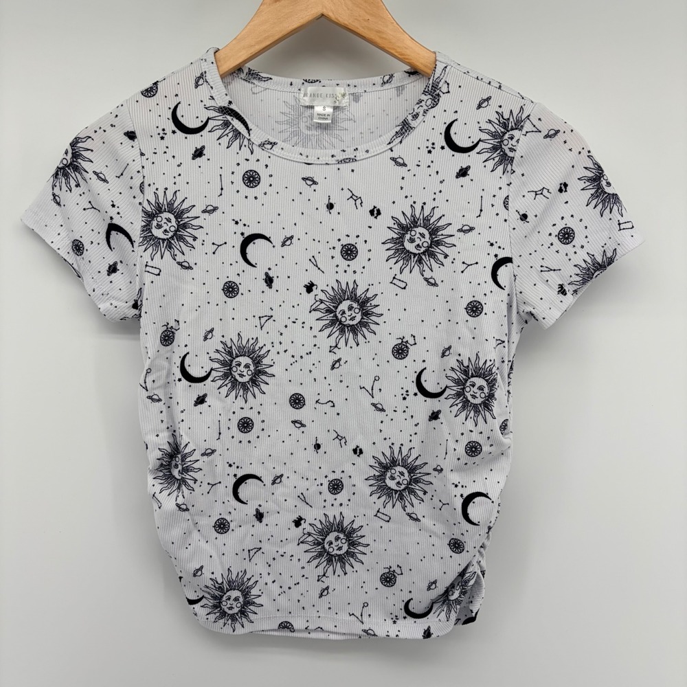Orange Kiss Celestial Sun Moon Star Ribbed Ruched T-Shirt White Women Size S